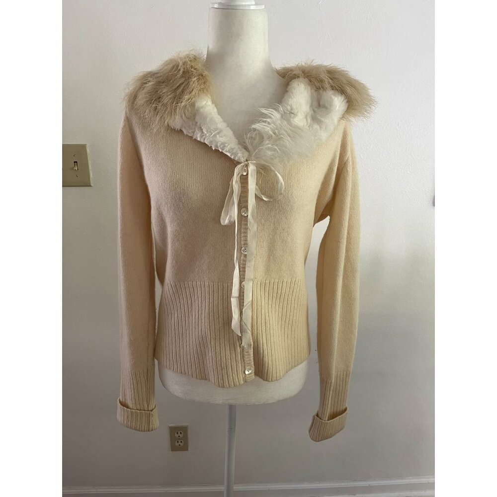 EUC VINTAGE Karen Kane Lambswool Angora Blend Fur Collar Cardigan Sweater